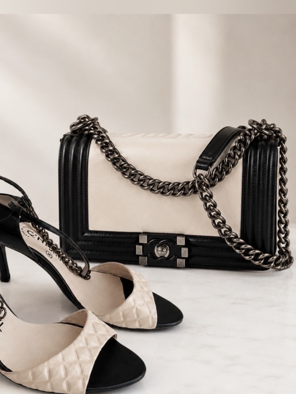 CHANEL Black and White Leather Chain Le Boy Bag